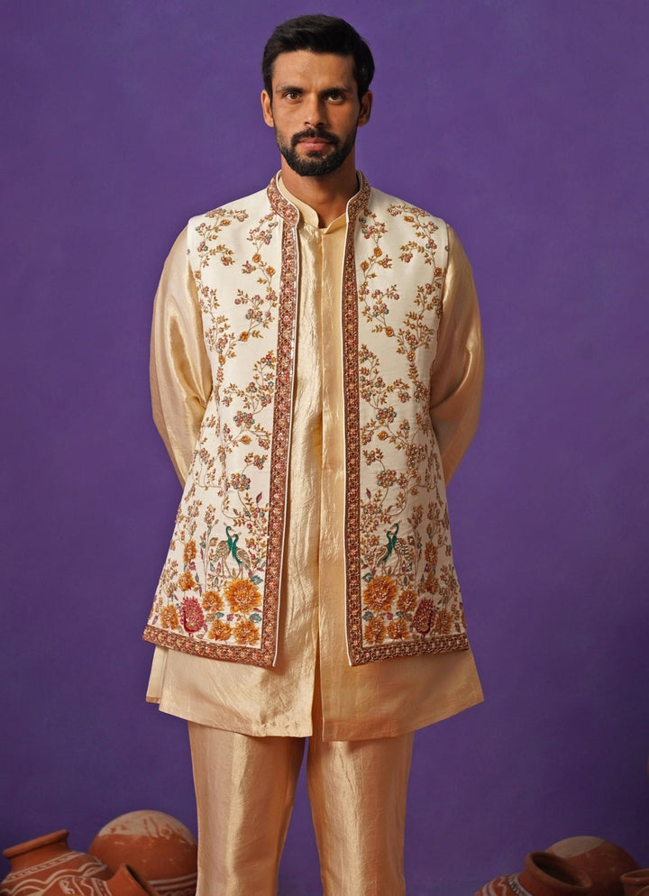 Kalpraag Ivory and Beige Embroidered Silk Short Kurta Jacket SetFabilicious Fashion