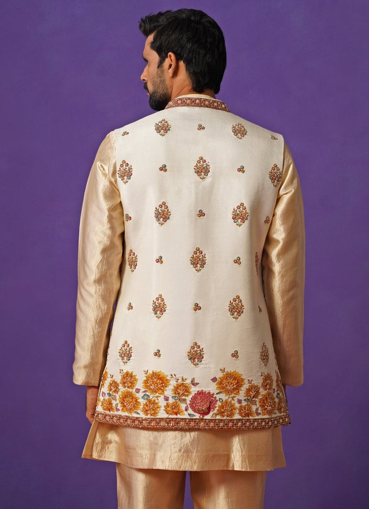 Kalpraag Ivory and Beige Embroidered Silk Short Kurta Jacket SetFabilicious Fashion