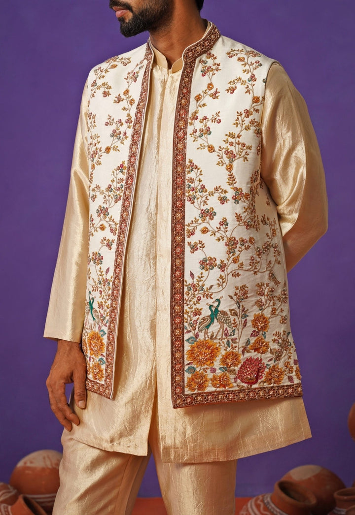 Kalpraag Ivory and Beige Embroidered Silk Short Kurta Jacket SetFabilicious Fashion