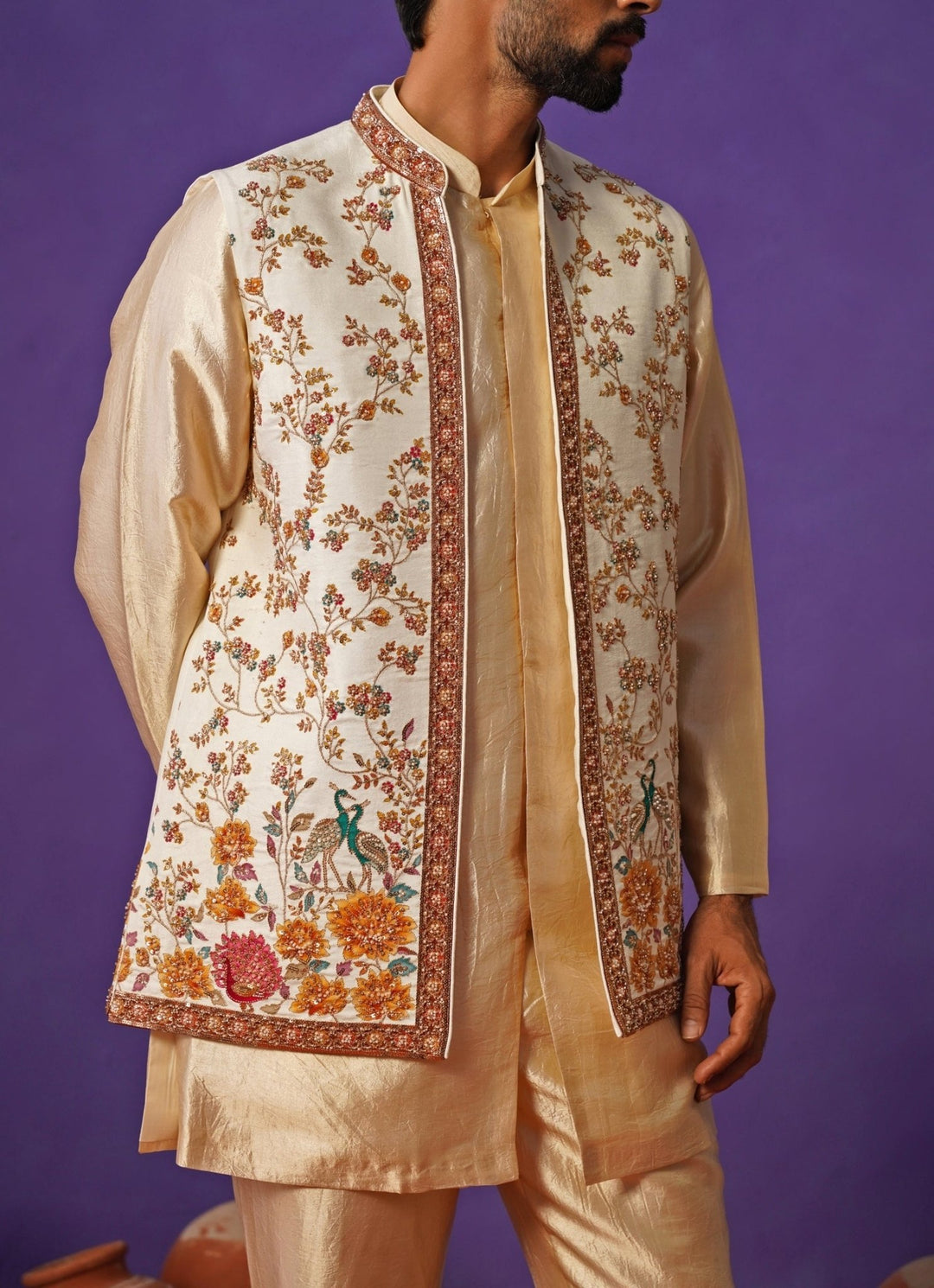 Kalpraag Ivory and Beige Embroidered Silk Short Kurta Jacket SetFabilicious Fashion