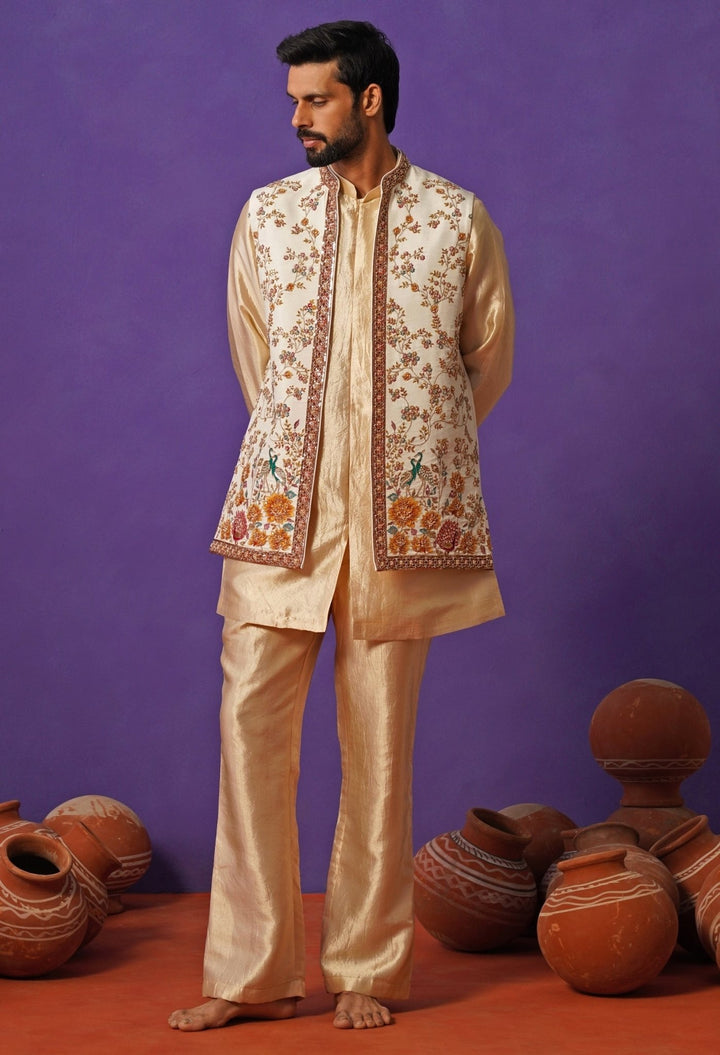 Kalpraag Ivory and Beige Embroidered Silk Short Kurta Jacket SetFabilicious Fashion