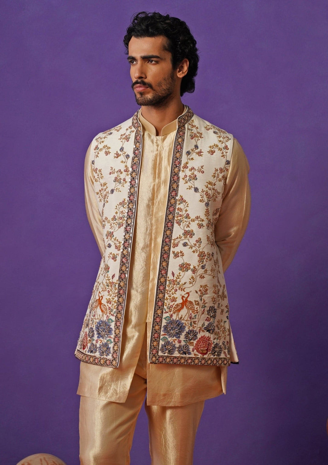 Kalpraag Ivory and Beige Floral Silk Short Kurta Jacket SetFabilicious Fashion