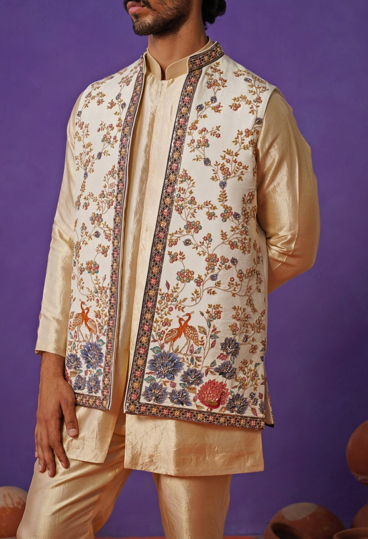 Kalpraag Ivory and Beige Floral Silk Short Kurta Jacket SetFabilicious Fashion