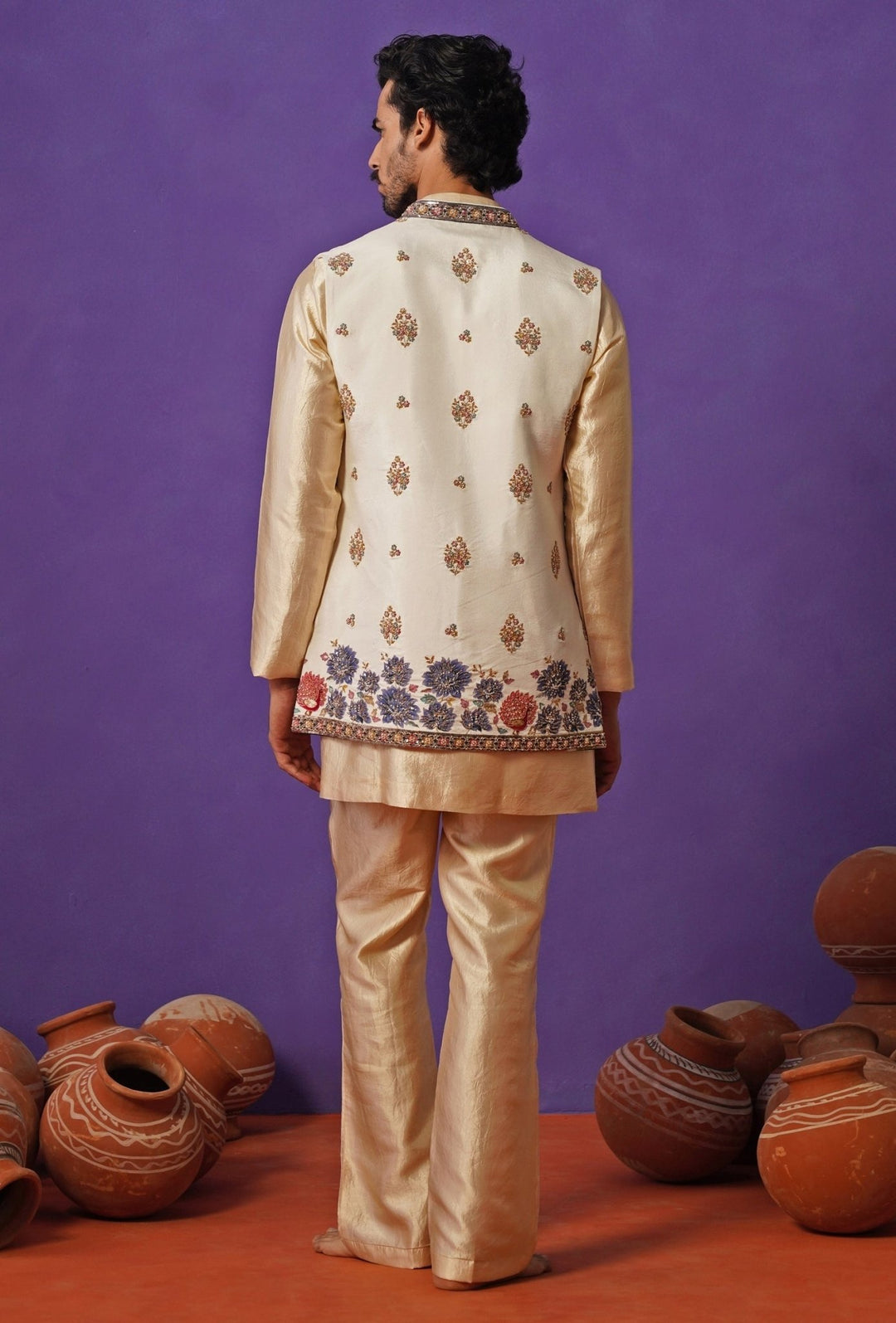 Kalpraag Ivory and Beige Floral Silk Short Kurta Jacket SetFabilicious Fashion