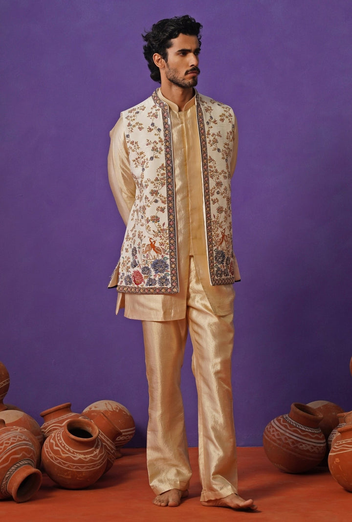 Kalpraag Ivory and Beige Floral Silk Short Kurta Jacket SetFabilicious Fashion