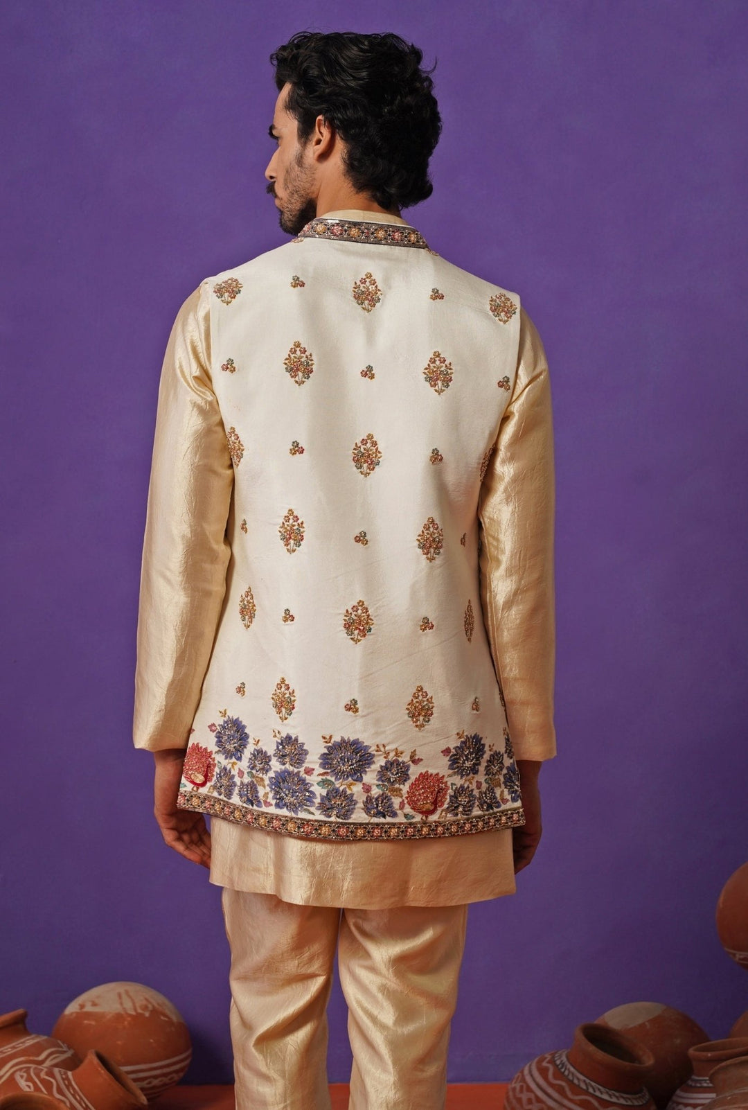 Kalpraag Ivory and Beige Floral Silk Short Kurta Jacket SetFabilicious Fashion