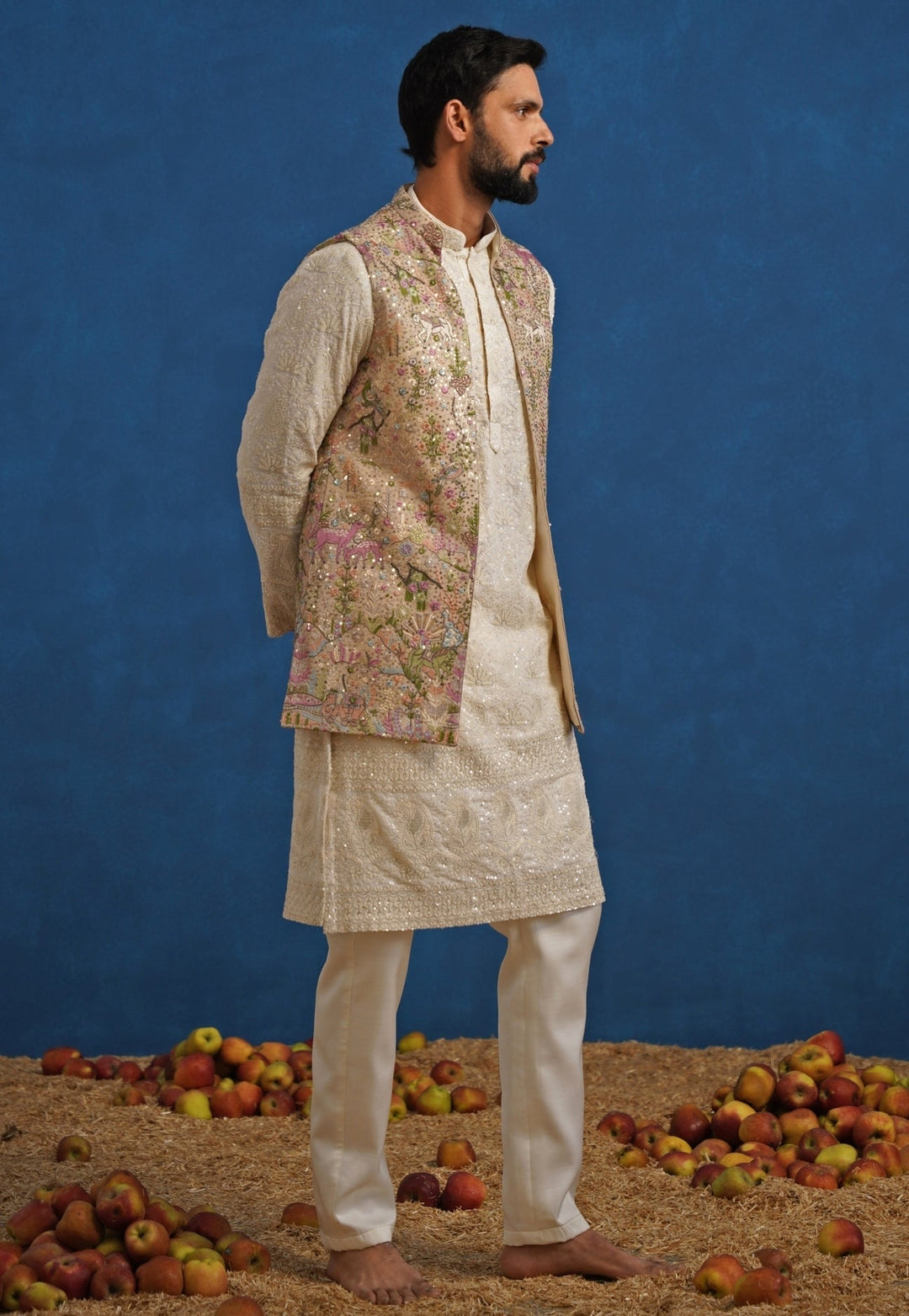 Ivory and Beige Georgette Kurta Jacket Set Kalpraag - Fabilicious Fashion