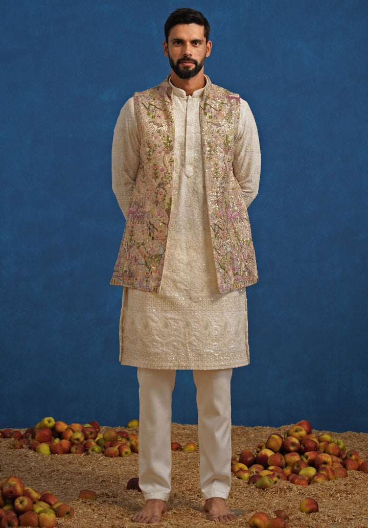 Ivory and Beige Georgette Kurta Jacket Set Kalpraag - Fabilicious Fashion