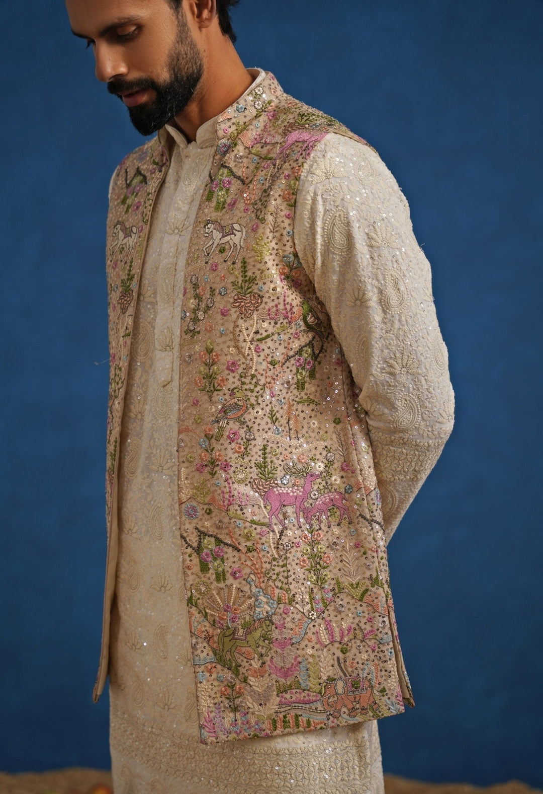 Ivory and Beige Georgette Kurta Jacket Set Kalpraag - Fabilicious Fashion