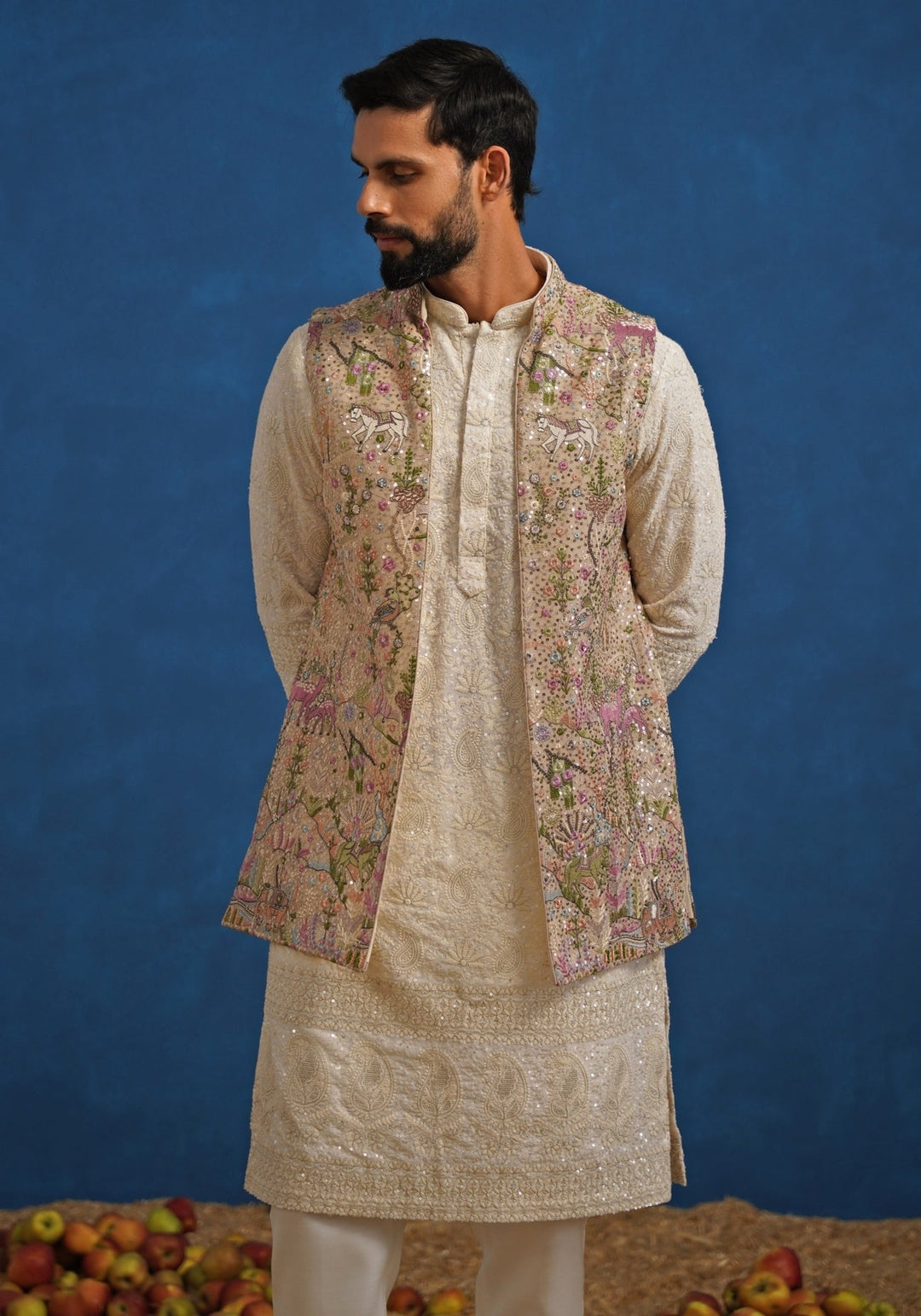 Ivory and Beige Georgette Kurta Jacket Set Kalpraag - Fabilicious Fashion