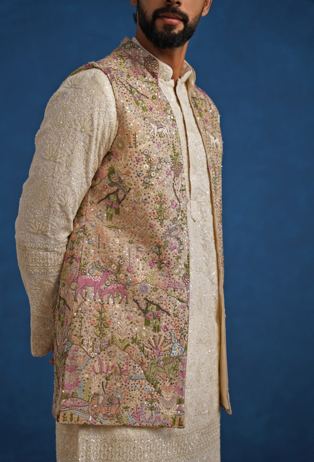 Ivory and Beige Georgette Kurta Jacket Set Kalpraag - Fabilicious Fashion