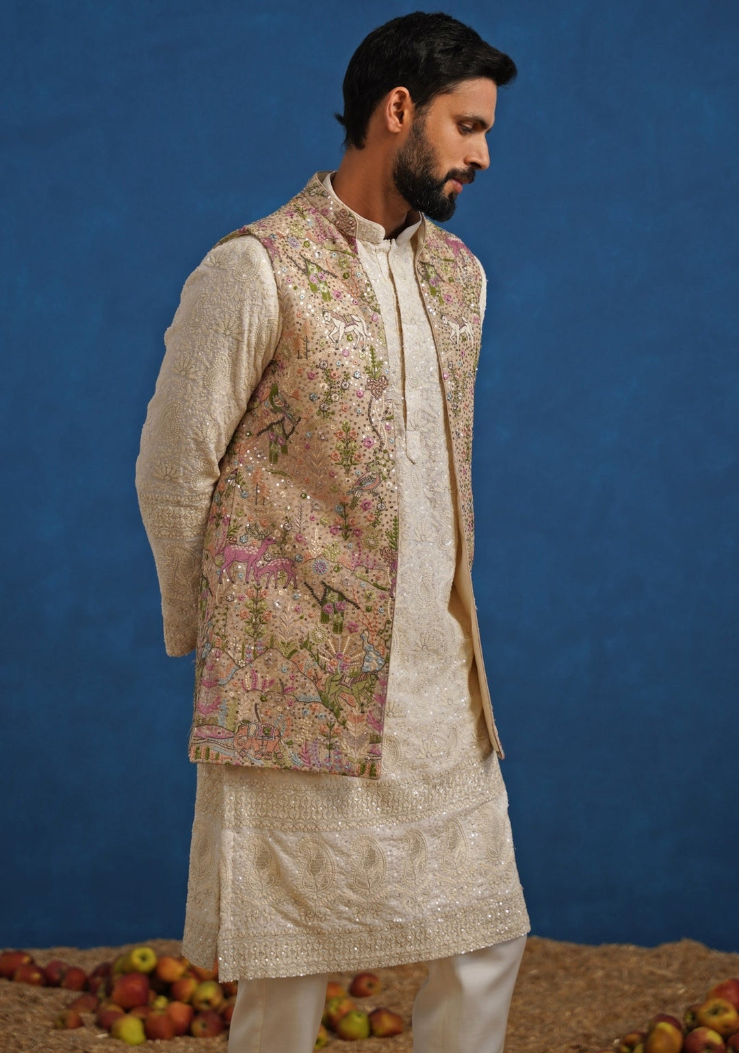 Ivory and Beige Georgette Kurta Jacket Set Kalpraag - Fabilicious Fashion