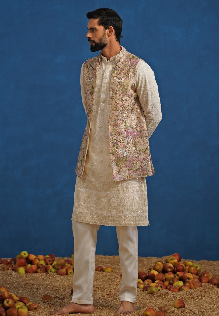 Ivory and Beige Georgette Kurta Jacket Set Kalpraag - Fabilicious Fashion