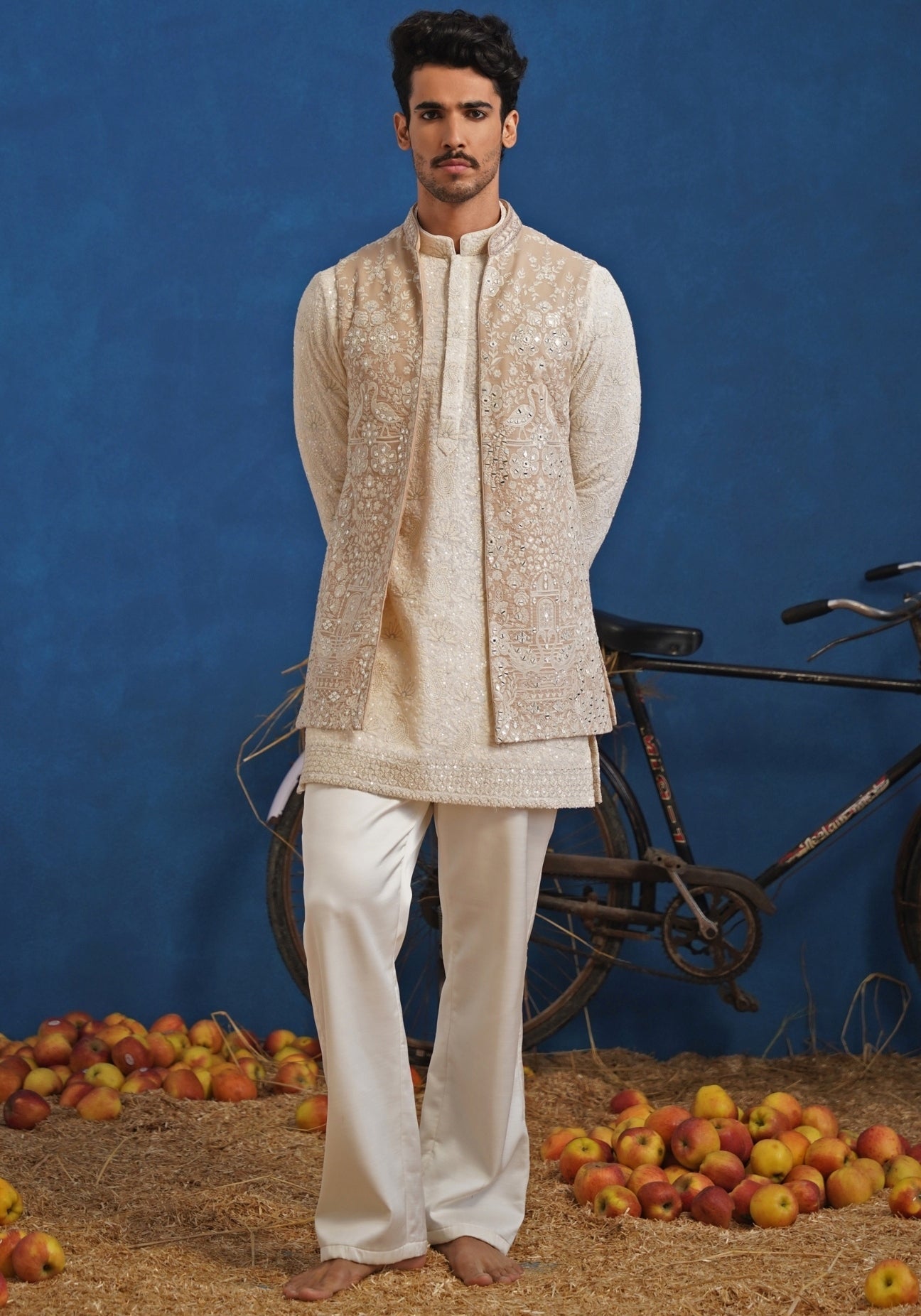 Ivory and beige short kurta jacket set — refined mens festive wear