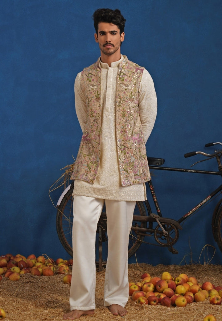 Ivory and Beige Gold Georgette Short Kurta Jacket Set Kalpraag - Fabilicious Fashion