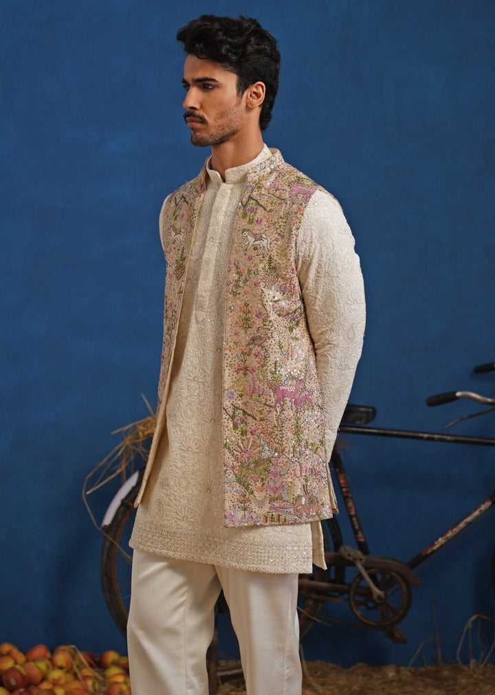 Ivory and Beige Gold Georgette Short Kurta Jacket Set Kalpraag - Fabilicious Fashion