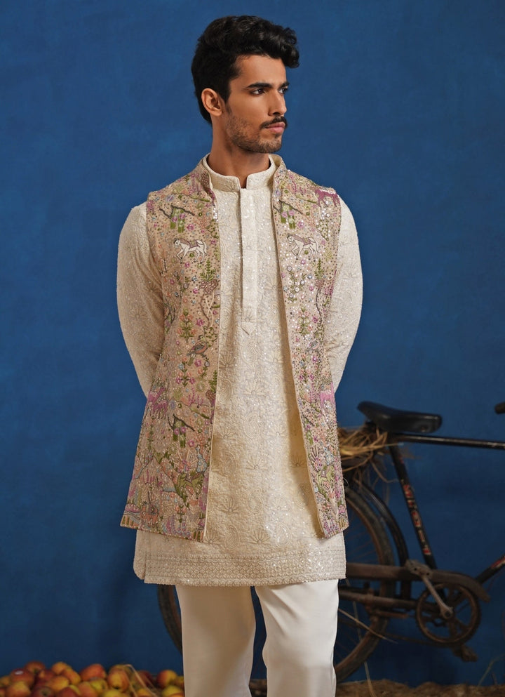 Ivory and Beige Gold Georgette Short Kurta Jacket Set Kalpraag - Fabilicious Fashion