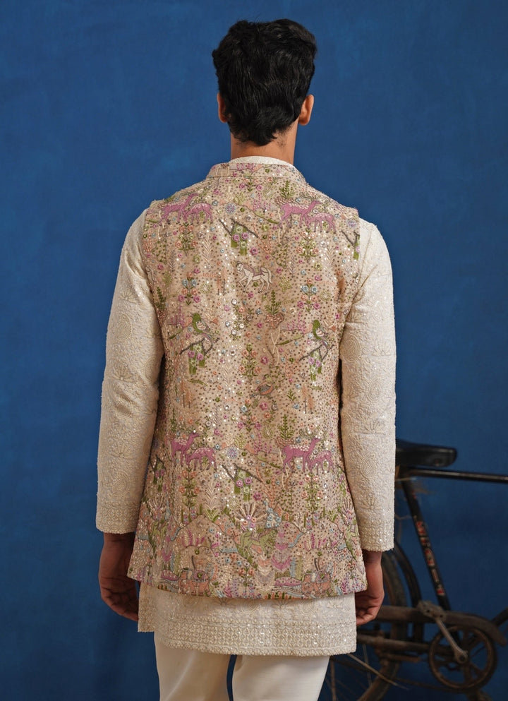 Ivory and Beige Gold Georgette Short Kurta Jacket Set Kalpraag - Fabilicious Fashion