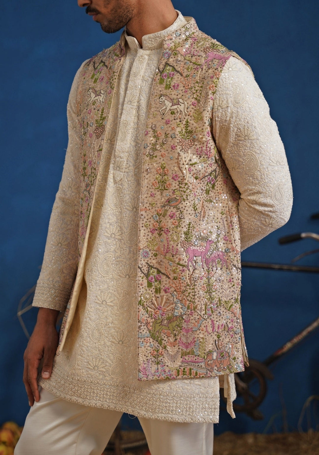 Ivory and Beige Gold Georgette Short Kurta Jacket Set Kalpraag - Fabilicious Fashion