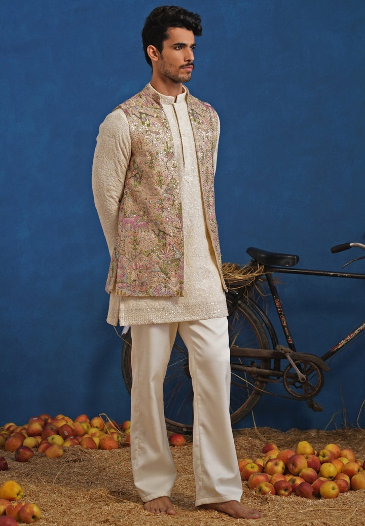 Ivory and Beige Gold Georgette Short Kurta Jacket Set Kalpraag - Fabilicious Fashion