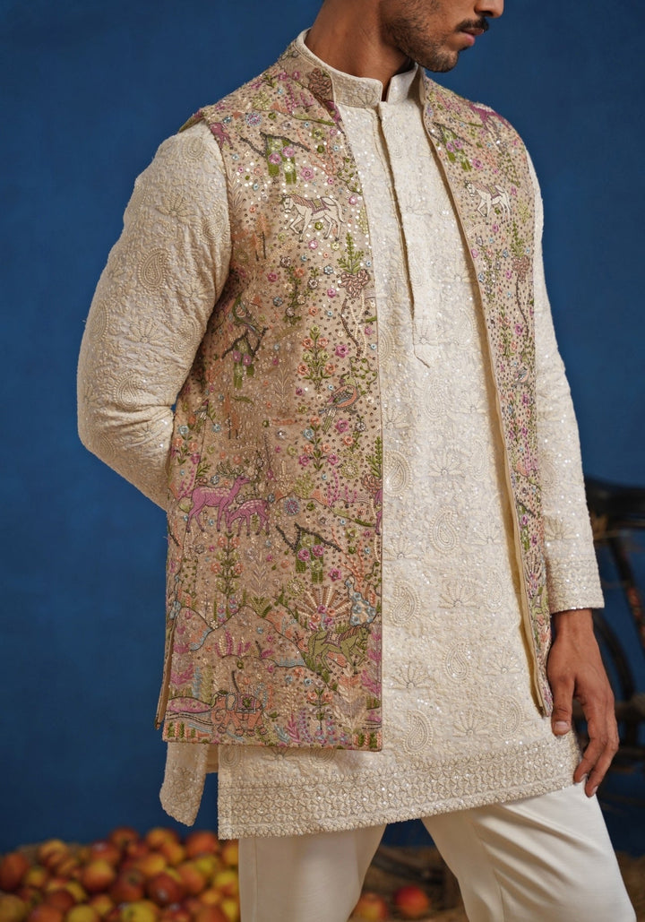 Ivory and Beige Gold Georgette Short Kurta Jacket Set Kalpraag - Fabilicious Fashion