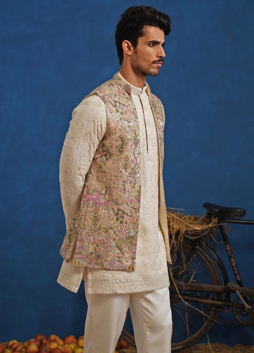 Ivory and Beige Gold Georgette Short Kurta Jacket Set Kalpraag - Fabilicious Fashion