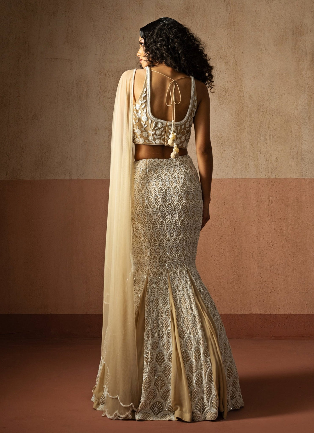 Ivory And Beige Gold Mermaid Pre Draped Georgette Saree Quench A Thirst - Fabilicious Fashion