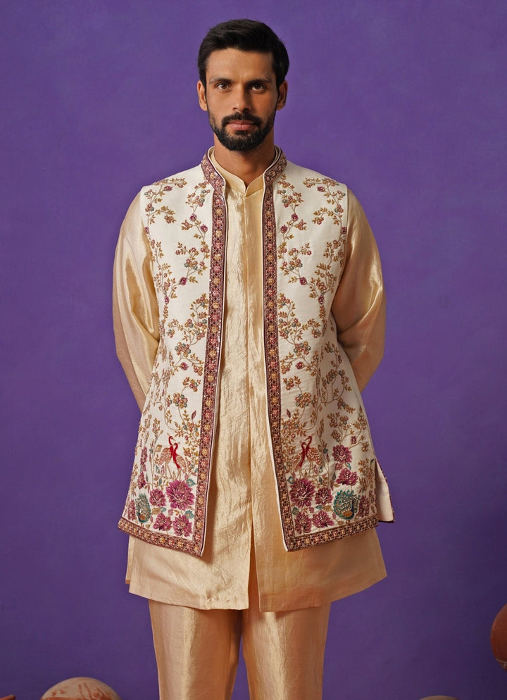 Kalpraag Ivory and Beige Silk Short Kurta Jacket SetFabilicious Fashion