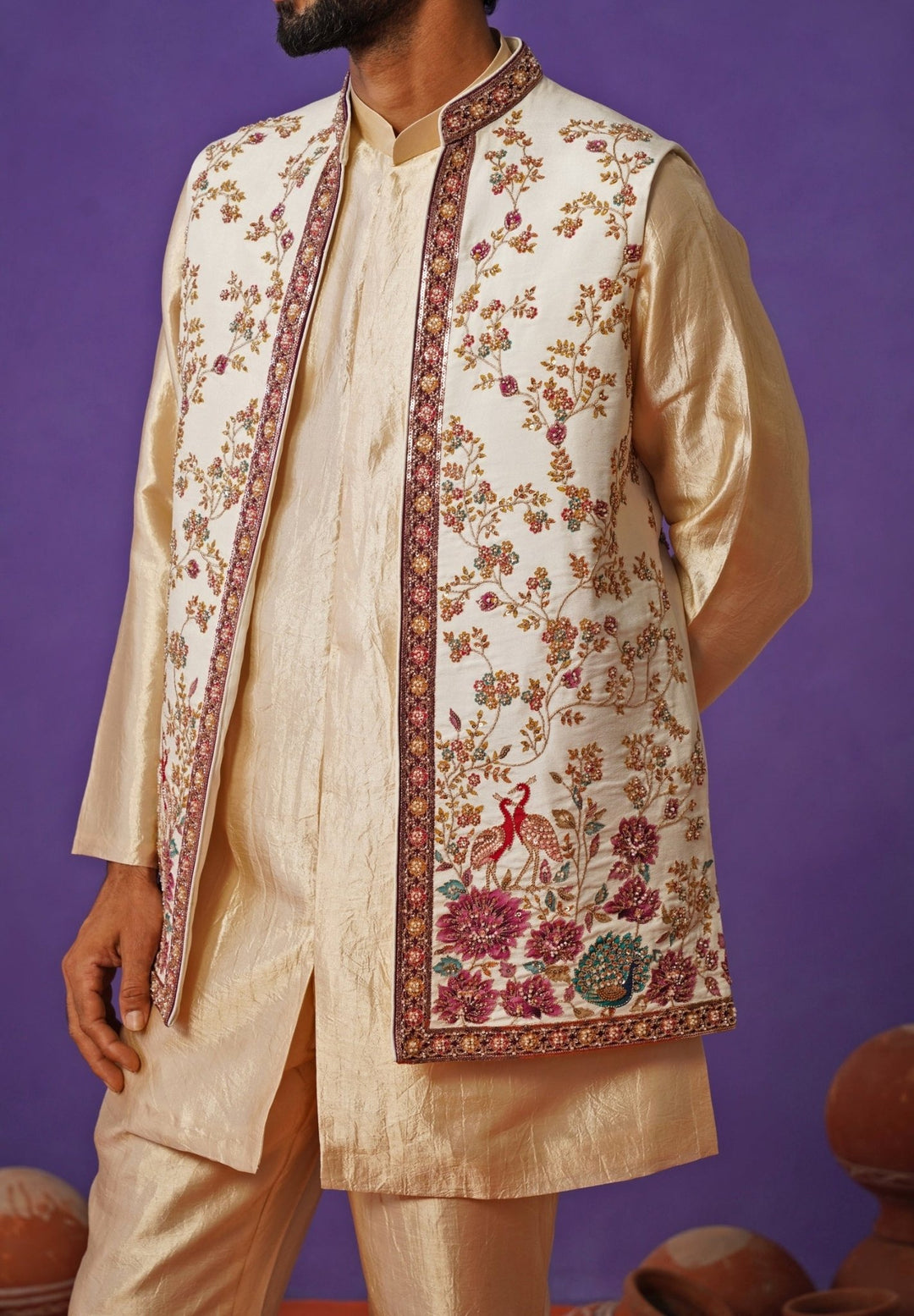 Kalpraag Ivory and Beige Silk Short Kurta Jacket SetFabilicious Fashion