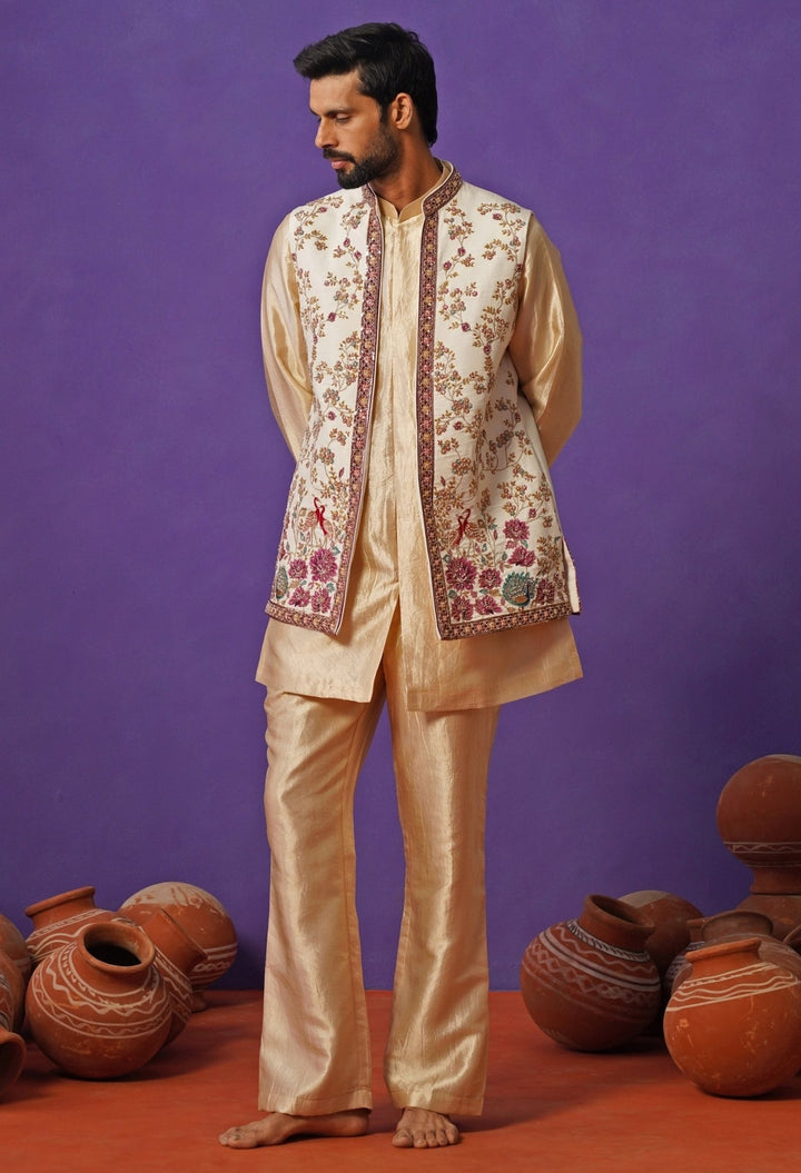 Kalpraag Ivory and Beige Silk Short Kurta Jacket SetFabilicious Fashion