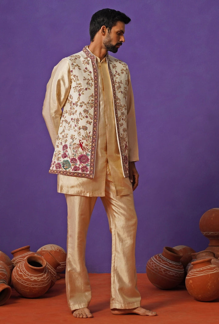 Kalpraag Ivory and Beige Silk Short Kurta Jacket SetFabilicious Fashion