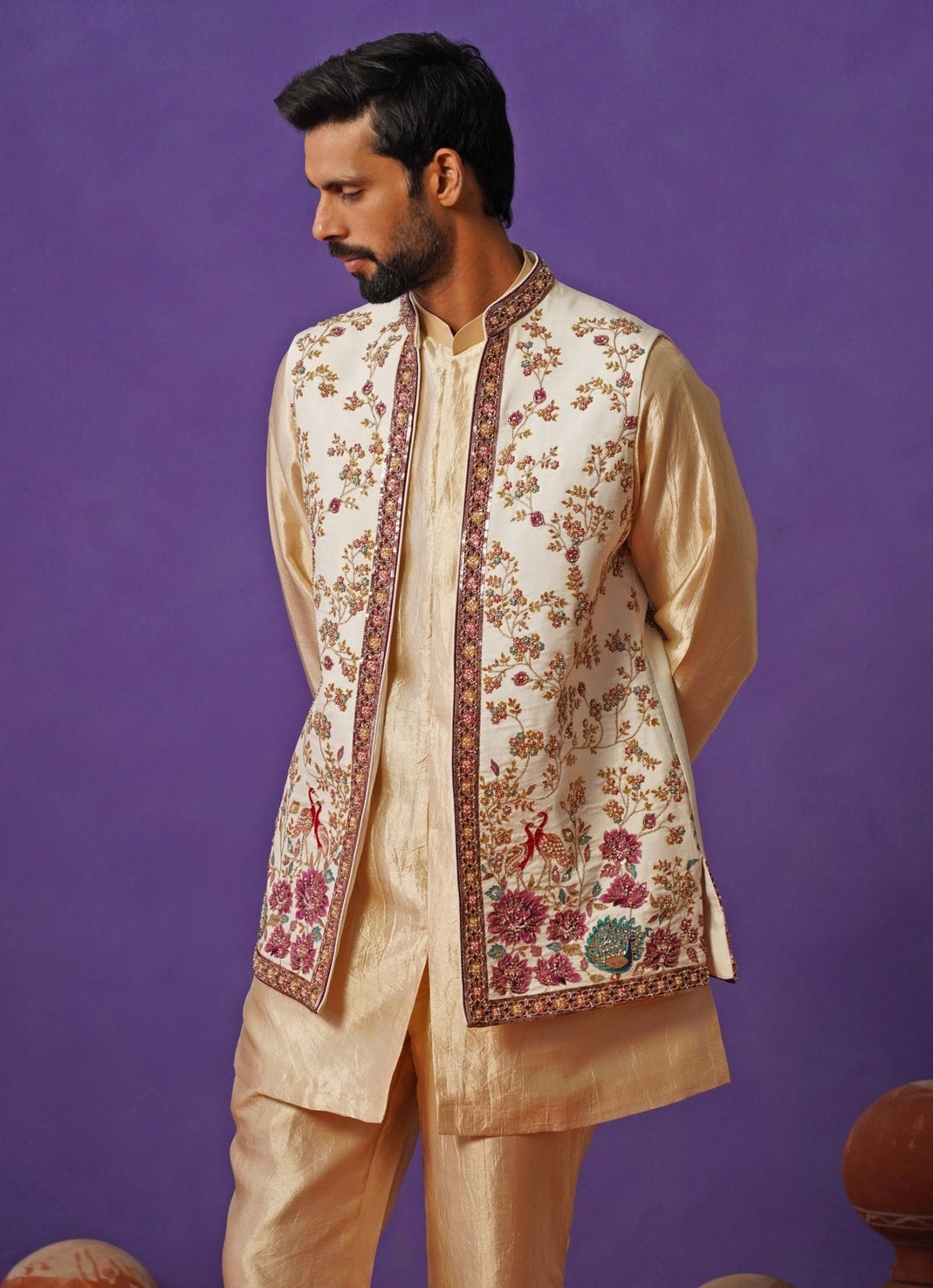 Kalpraag Ivory and Beige Silk Short Kurta Jacket SetFabilicious Fashion