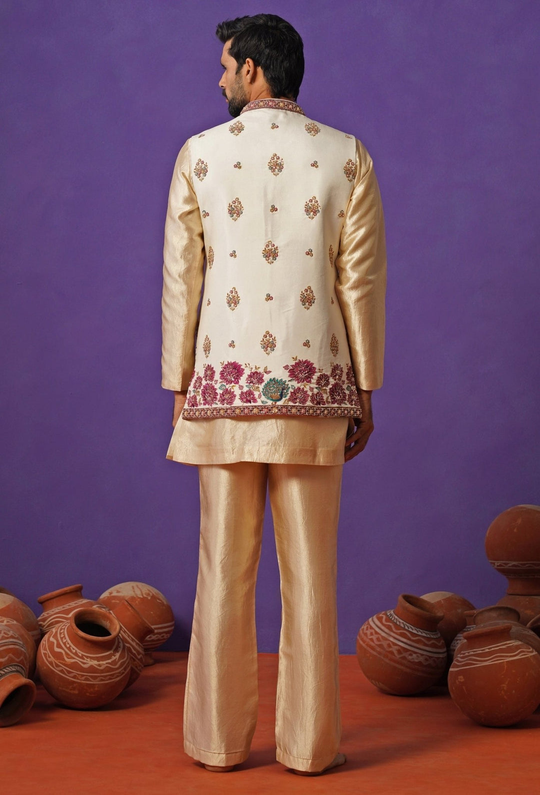 Kalpraag Ivory and Beige Silk Short Kurta Jacket SetFabilicious Fashion