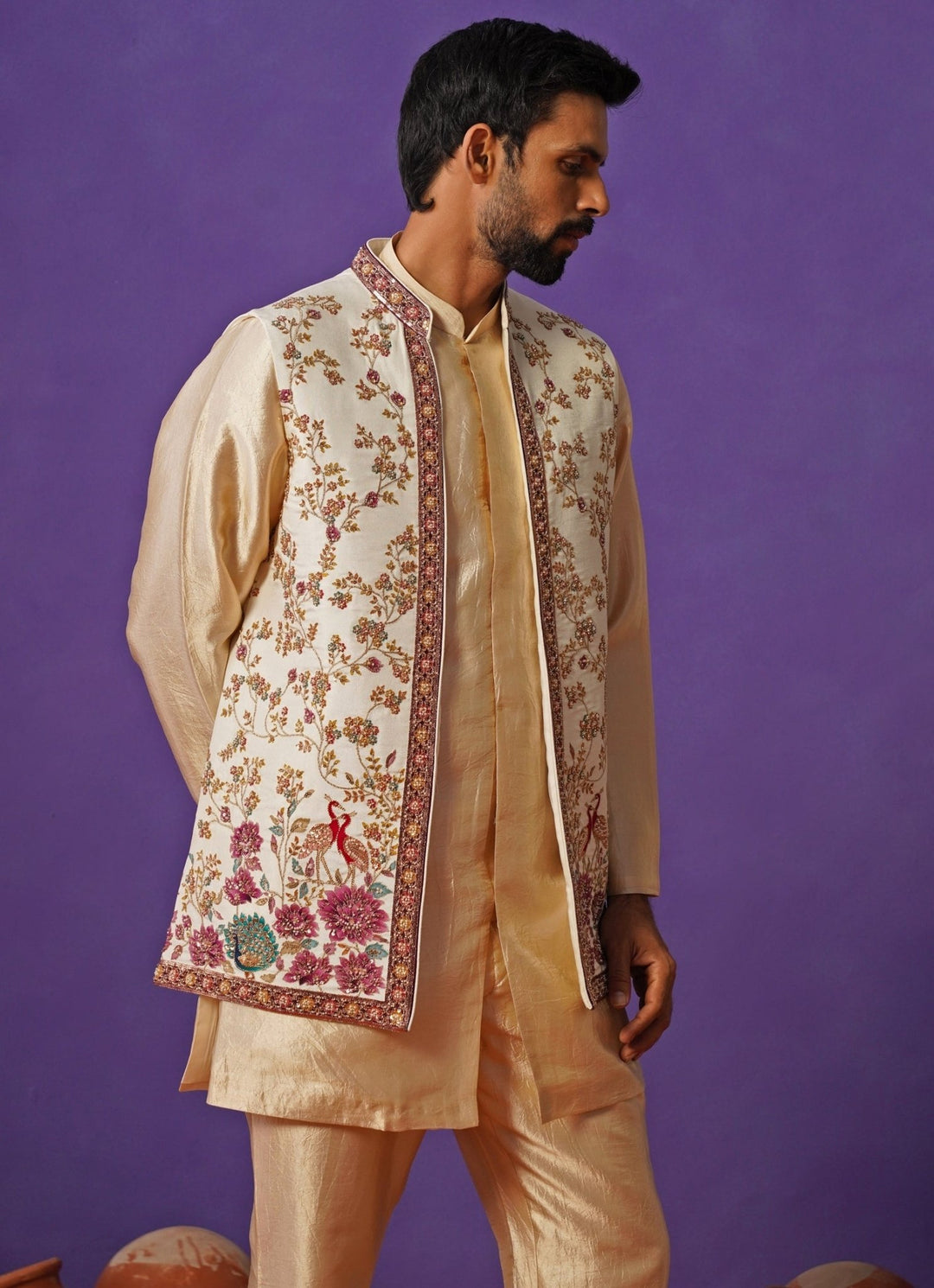 Kalpraag Ivory and Beige Silk Short Kurta Jacket SetFabilicious Fashion