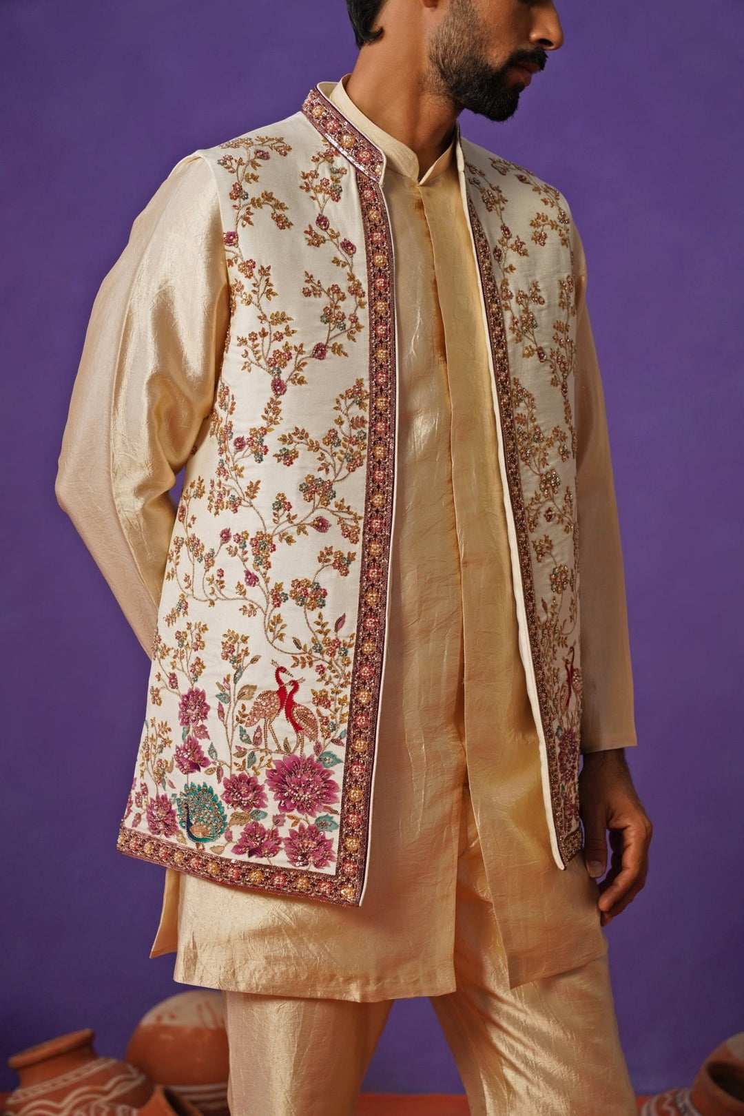 Kalpraag Ivory and Beige Silk Short Kurta Jacket SetFabilicious Fashion