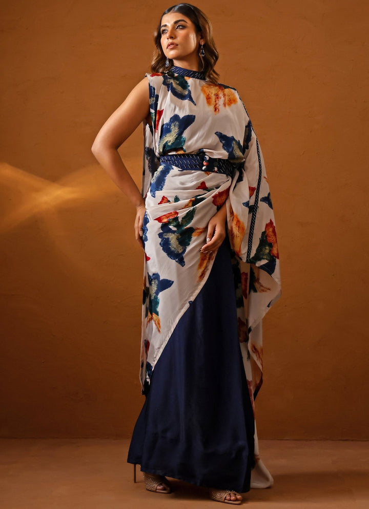 Studio Surbhi Ivory And Blue Crepe Pre-Draped SareeFabilicious Fashion