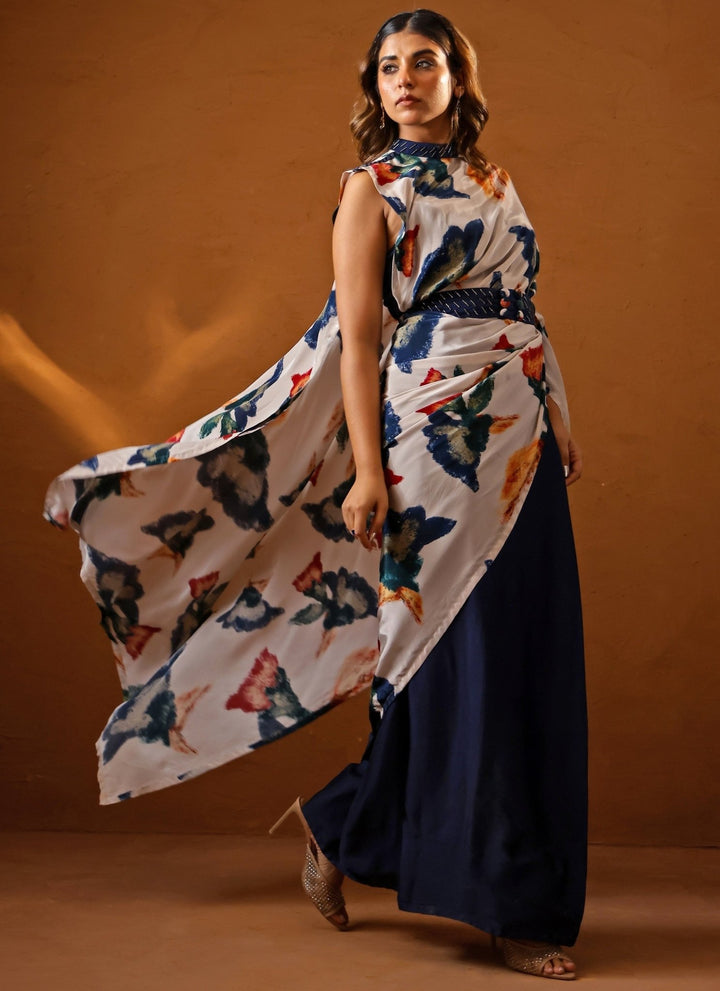 Studio Surbhi Ivory And Blue Crepe Pre-Draped SareeFabilicious Fashion