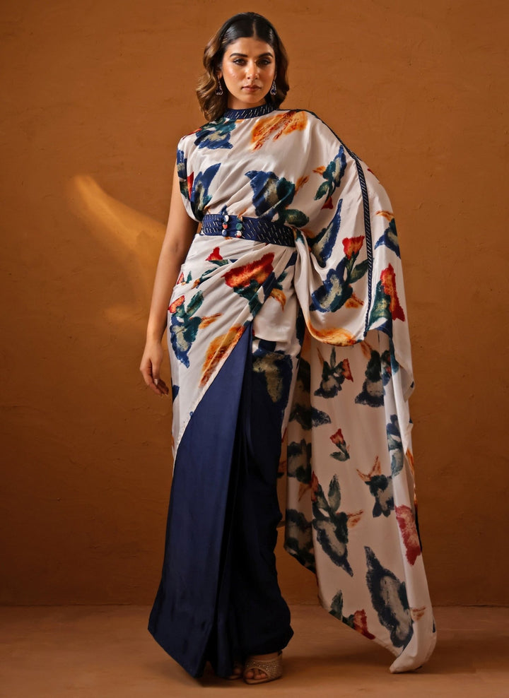 Studio Surbhi Ivory And Blue Crepe Pre-Draped SareeFabilicious Fashion
