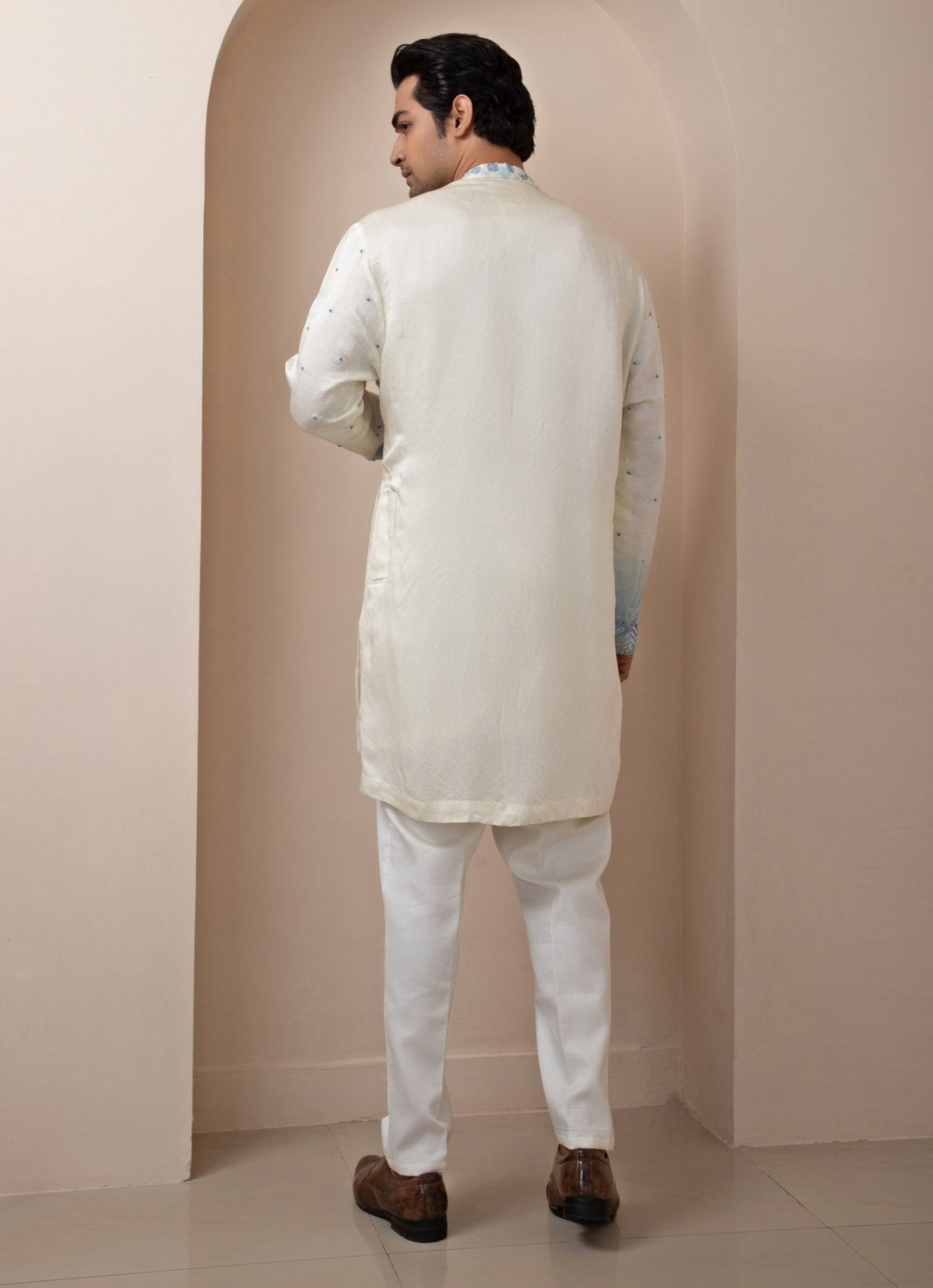 Ivory And Blue Embroidered Satin Kurta Pant Set Smriti - Fabilicious Fashion