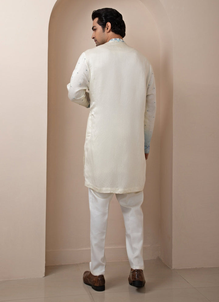 Ivory And Blue Embroidered Satin Kurta Pant Set Smriti - Fabilicious Fashion