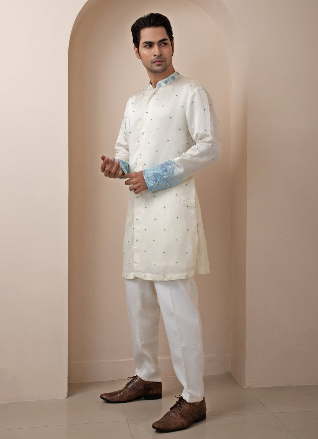 Ivory And Blue Embroidered Satin Kurta Pant Set Smriti - Fabilicious Fashion
