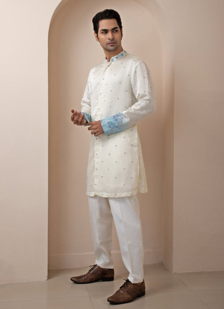 Ivory And Blue Embroidered Satin Kurta Pant Set Smriti - Fabilicious Fashion