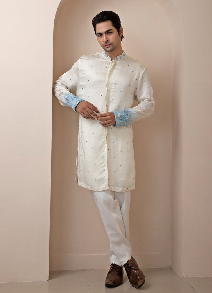 Ivory And Blue Embroidered Satin Kurta Pant Set Smriti - Fabilicious Fashion