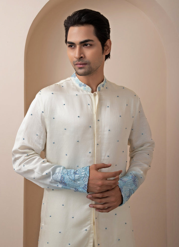Ivory And Blue Embroidered Satin Kurta Pant Set Smriti - Fabilicious Fashion