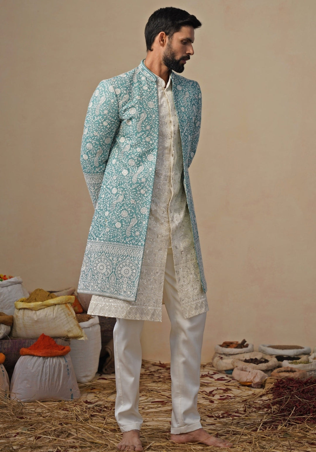 Ivory and Blue Georgette Indowestern Kurta Jacket Set Kalpraag - Fabilicious Fashion