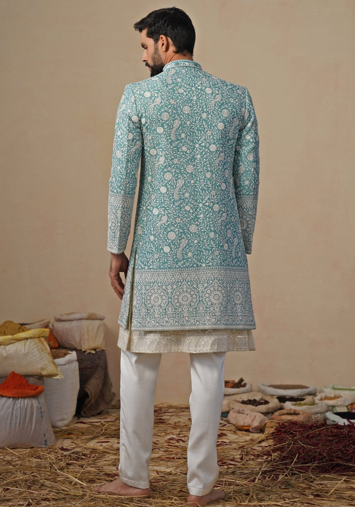 Ivory and Blue Georgette Indowestern Kurta Jacket Set Kalpraag - Fabilicious Fashion