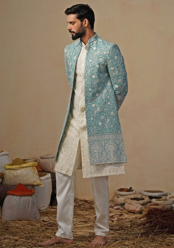 Ivory and Blue Georgette Indowestern Kurta Jacket Set Kalpraag - Fabilicious Fashion