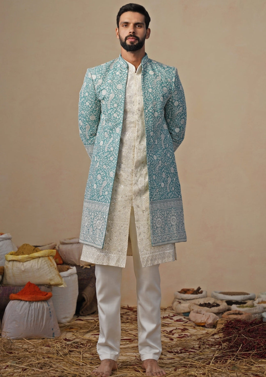 Ivory and Blue Georgette Indowestern Kurta Jacket Set Kalpraag - Fabilicious Fashion