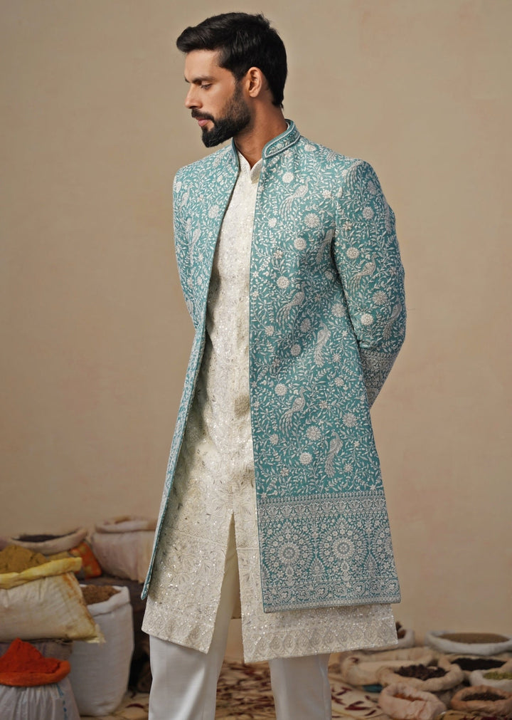 Ivory and Blue Georgette Indowestern Kurta Jacket Set Kalpraag - Fabilicious Fashion