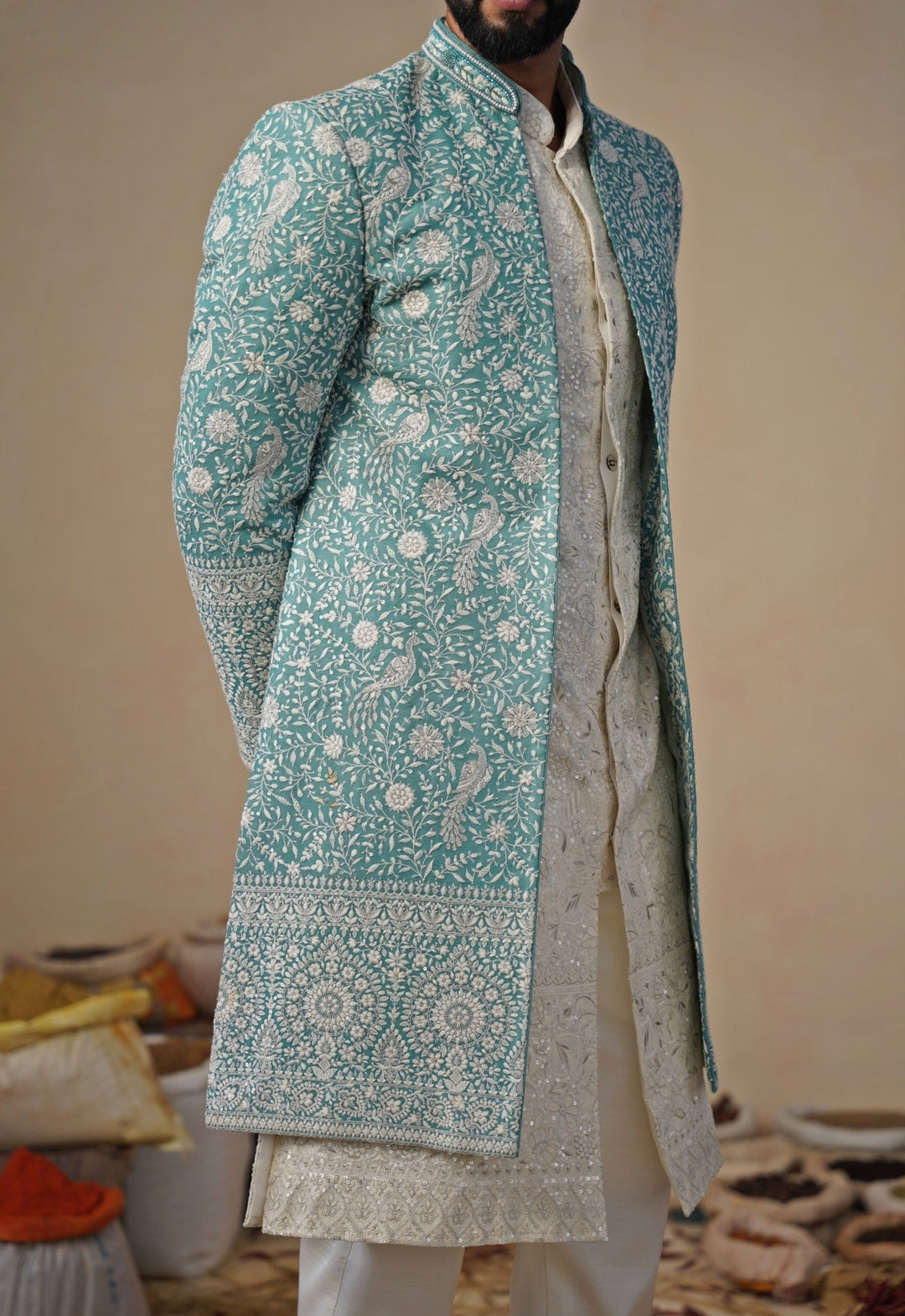 Ivory and Blue Georgette Indowestern Kurta Jacket Set Kalpraag - Fabilicious Fashion